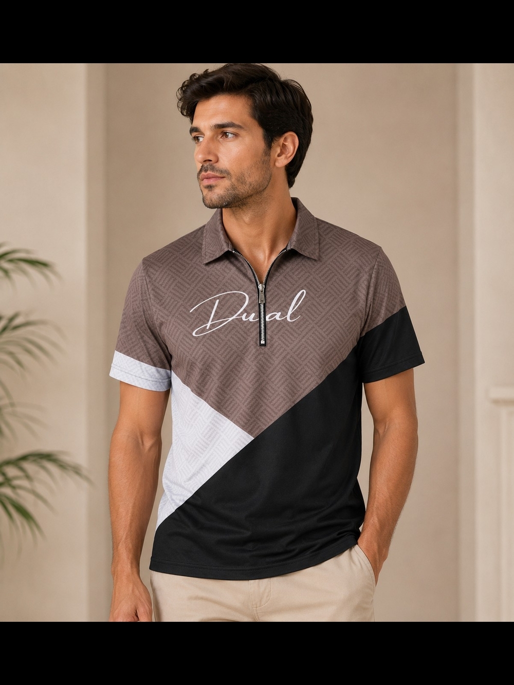 Vanguard Polo Branded Colorblock Zip Polo - Brown/Black/White